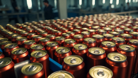 iron cans with drinks on a conveyor beltの素材