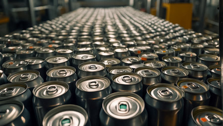 iron cans with drinks on a conveyor beltの素材