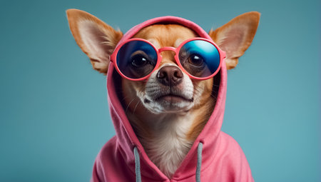 fashionable dog with sunglasses and hoodie styleの素材