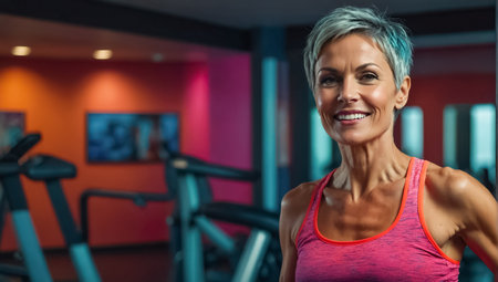 Portrait of a sporty adult woman in the gymの素材