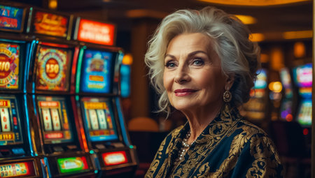 Beautiful elderly woman playing casino slot machine cheerfulの素材