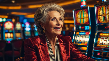 Beautiful elderly woman playing casino slot machine cheerfulの素材