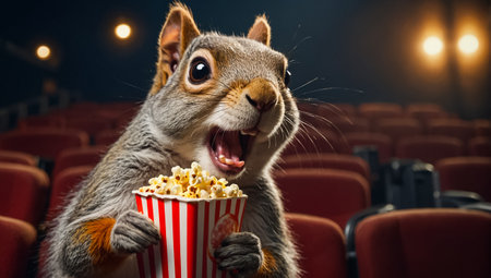 funny squirrel in the cinema with popcornの素材