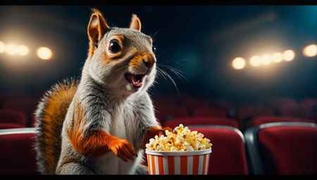 funny squirrel in the cinema with popcornの素材