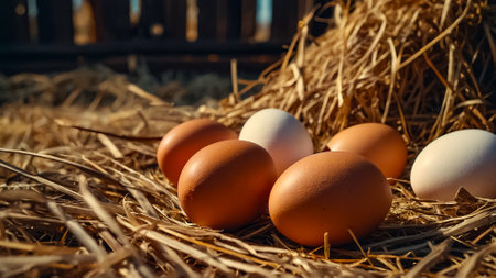 fresh eggs in strawの素材