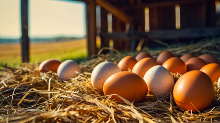 fresh eggs in strawの素材