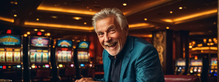 elderly gambling man playing casino slot machine cheerfulの素材
