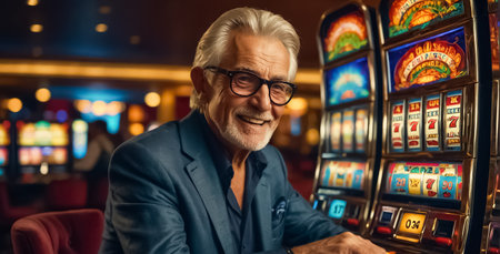 elderly gambling man playing casino slot machine cheerfulの素材