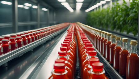 conveyor line with ketchup bottlesの素材