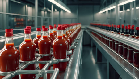 conveyor line with ketchup bottlesの素材