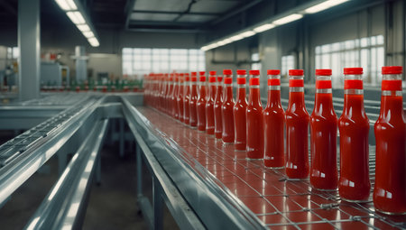 conveyor line with ketchup bottlesの素材