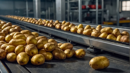 raw potatoes on a conveyor beltの素材