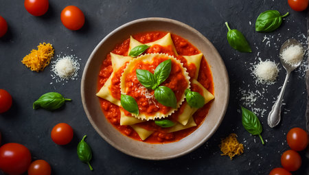 delicious ravioli with tomato sauce, basil, cheese in the kitchenの素材
