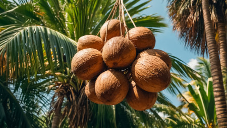 Ripe coconuts on a palm treeの素材