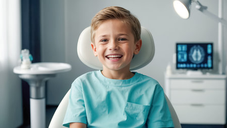 portrait of a smiling little boy in a dental chair in a clinicの素材