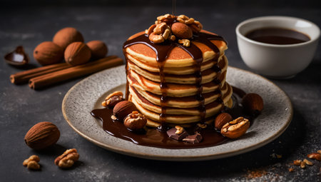 pancakes with nuts and chocolate on the tableの素材
