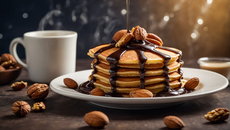 pancakes with nuts and chocolate on the tableの素材