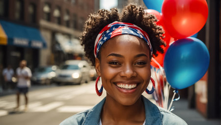 Happy African American woman, American flagの素材