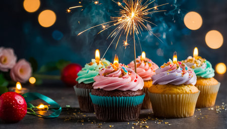 Cupcakes with pink and blue buttercream frosting and sparkler on blue backgroundの素材