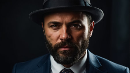 Portrait of a bearded man in a hat and suit on a dark backgroundの素材