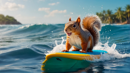 cute squirrel riding on a surfboardの素材