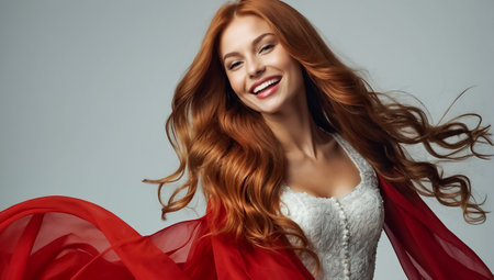 Beautiful girl portrait with long red hair fashionの素材