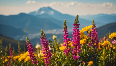 Beautiful flowers, mountains in the backgroundの素材