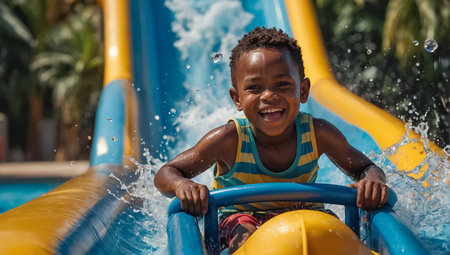 happy little african american boy on water slide in summerの素材