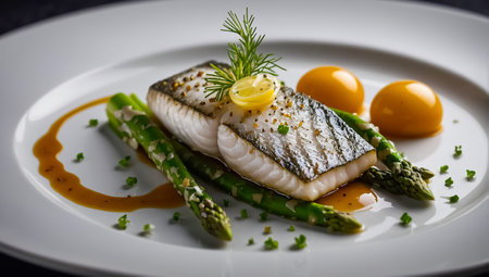 Fish with asparagus in a plate,の素材