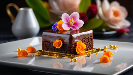 Appetizing chocolate cake with flowersの素材
