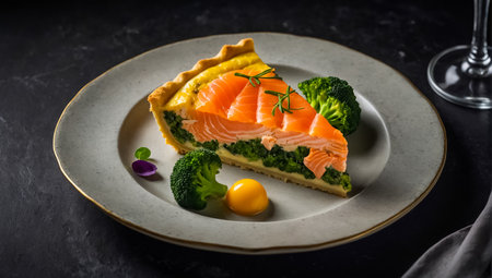 Pie with salmon and broccoli a restaurantの素材