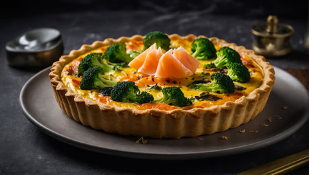 Pie with salmon and broccoli a restaurantの素材
