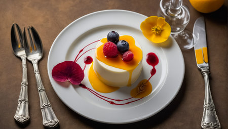 blancmange with berries in a restaurantの素材