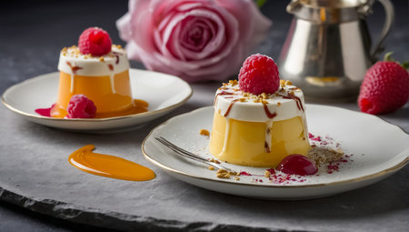 blancmange with berries in a restaurantの素材