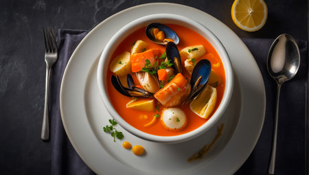 Bouillabaisse soup in a restaurantの素材