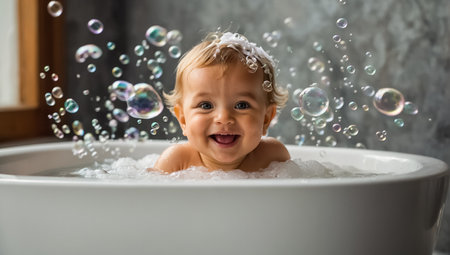 Cute baby bathing in the bathの素材