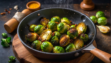 Roasted Brussels sprouts in a frying panの素材