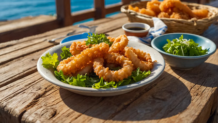 fried squid on the tableの素材