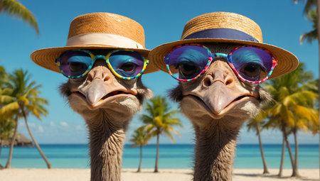 Cartoon ostrich with glasses and hat on the beachの素材