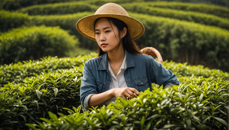 Chinese girl picking green tea on a plantationの素材