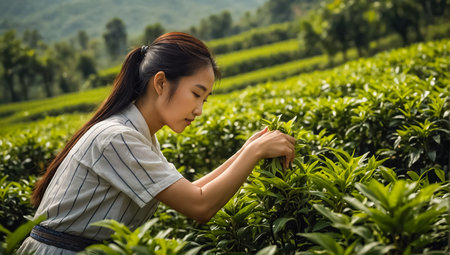 Chinese girl picking green tea on a plantationの素材