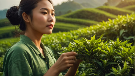 Chinese girl picking green tea on a plantationの素材