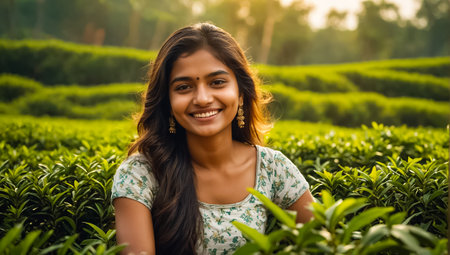 Indian girl picking green tea on a plantationの素材