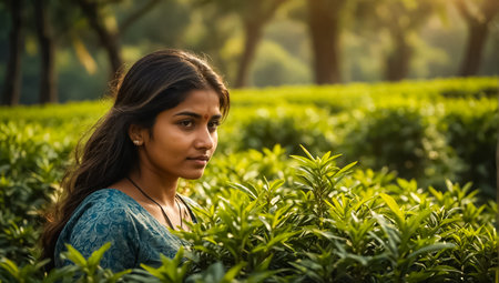 Indian girl picking green tea on a plantationの素材