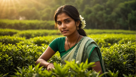 Indian girl picking green tea on a plantationの素材