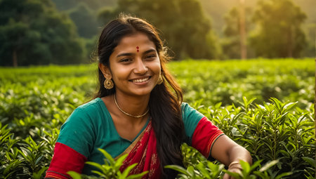 Indian girl picking green tea on a plantationの素材