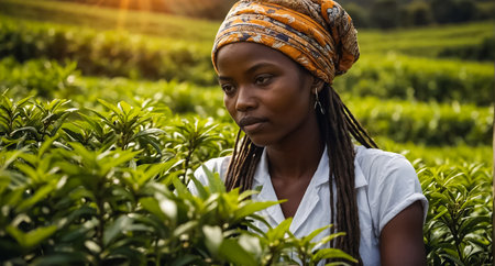 girl picking green tea on a plantation in Kenyaの素材