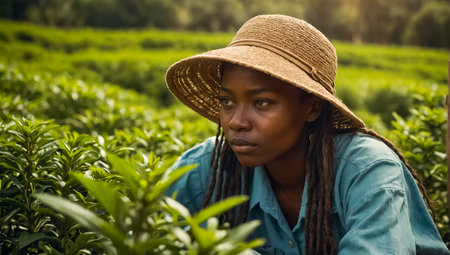 girl picking green tea on a plantation in Kenyaの素材