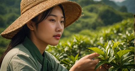 Beautiful young asian woman holding fresh green tea leaves at plantation.の素材