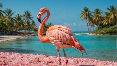 Pink flamingo on the beach with palm trees and turquoise waterの素材